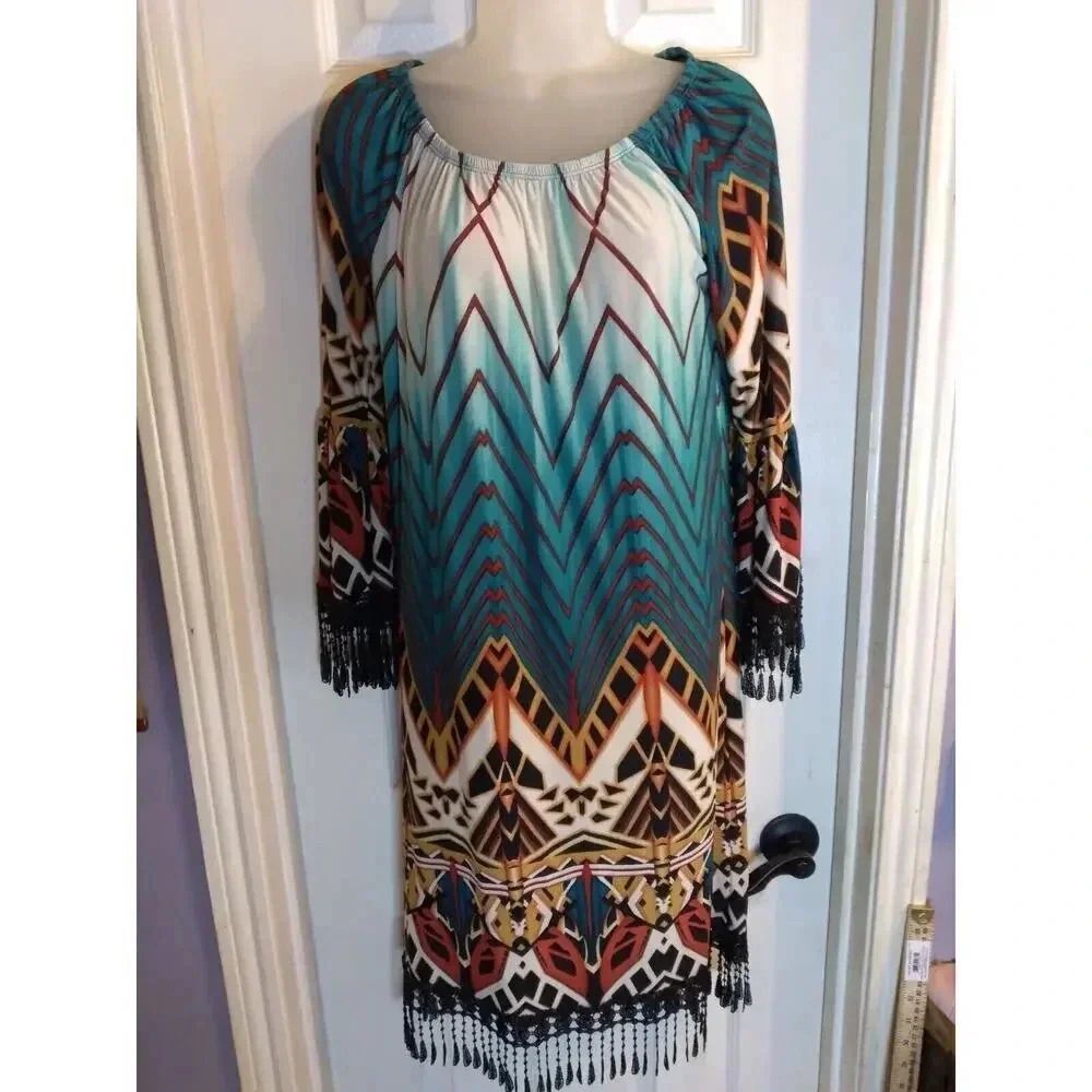 R. Rouge Dress Multicolored Fringe Hem Sleeves Sz L Boho Fairy Festival